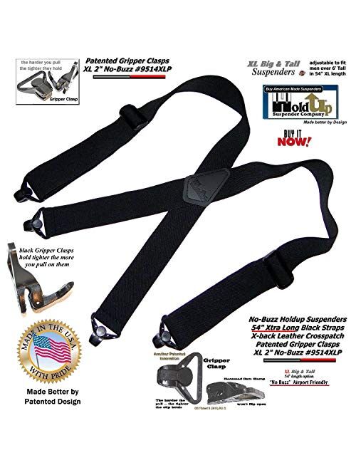 Holdup brand 2" wide XL Airport Friendly Black X-back Suspenders Jumbo black Patented Gripper Clasps