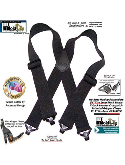 Holdup brand 2" wide XL Airport Friendly Black X-back Suspenders Jumbo black Patented Gripper Clasps