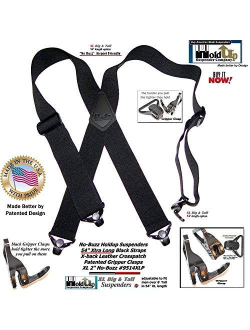 Holdup brand 2" wide XL Airport Friendly Black X-back Suspenders Jumbo black Patented Gripper Clasps