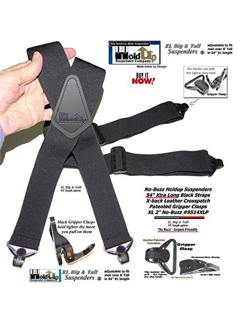 Holdup brand 2" wide XL Airport Friendly Black X-back Suspenders Jumbo black Patented Gripper Clasps