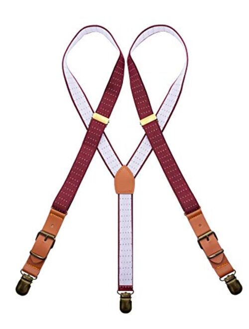 MENDENG Adjustable Suspenders for Men Bronze Metal Clips Braces with Leather