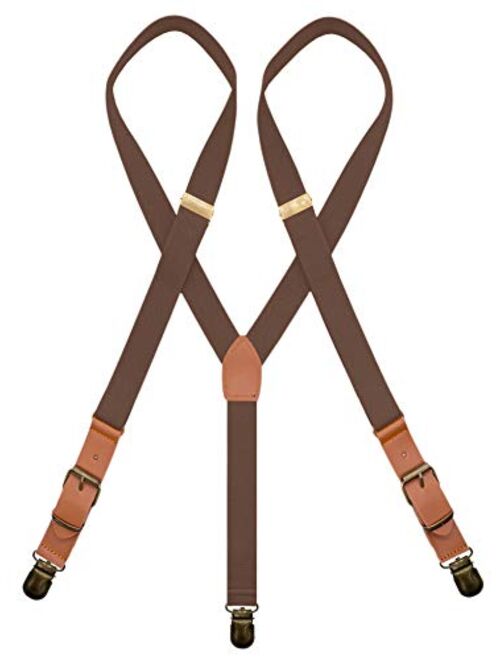 MENDENG Adjustable Suspenders for Men Bronze Metal Clips Braces with Leather