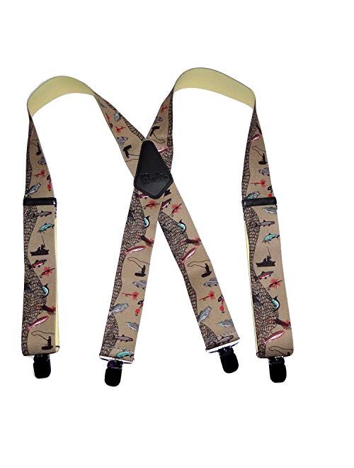 Holdup Brand Fish Tales Pattern 2" Wide Suspenders in X-back style with Patented No-slip Black Jumbo Metal Clips.