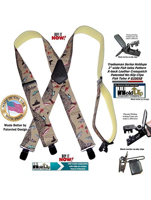 Holdup Brand Fish Tales Pattern 2" Wide Suspenders in X-back style with Patented No-slip Black Jumbo Metal Clips.