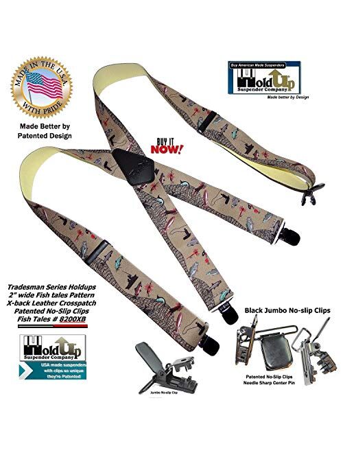 Holdup Brand Fish Tales Pattern 2" Wide Suspenders in X-back style with Patented No-slip Black Jumbo Metal Clips.