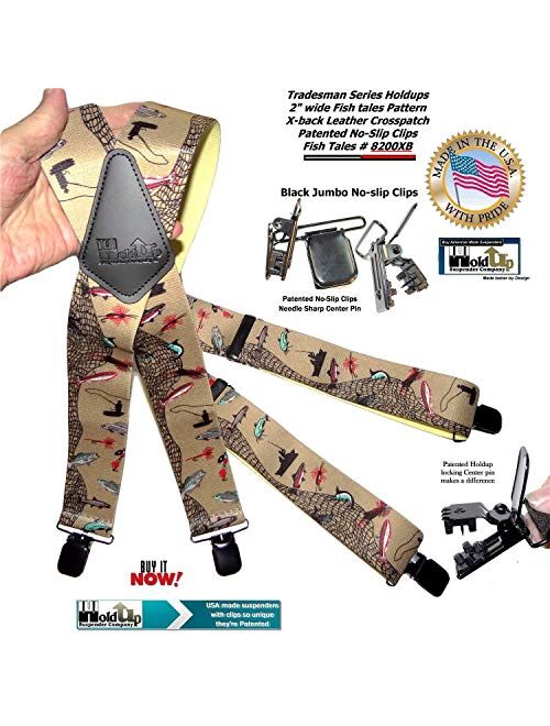 Holdup Brand Fish Tales Pattern 2" Wide Suspenders in X-back style with Patented No-slip Black Jumbo Metal Clips.