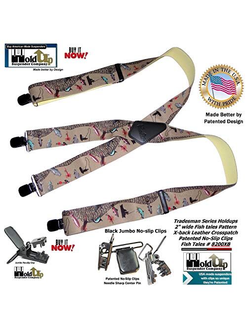 Holdup Brand Fish Tales Pattern 2" Wide Suspenders in X-back style with Patented No-slip Black Jumbo Metal Clips.