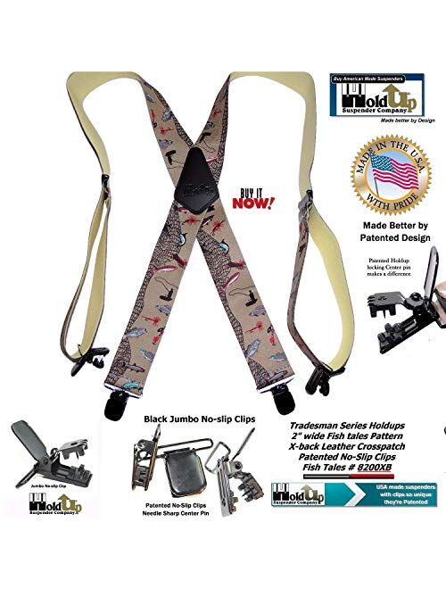 Holdup Brand Fish Tales Pattern 2" Wide Suspenders in X-back style with Patented No-slip Black Jumbo Metal Clips.