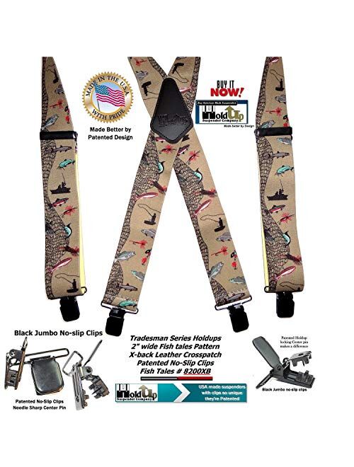 Holdup Brand Fish Tales Pattern 2" Wide Suspenders in X-back style with Patented No-slip Black Jumbo Metal Clips.