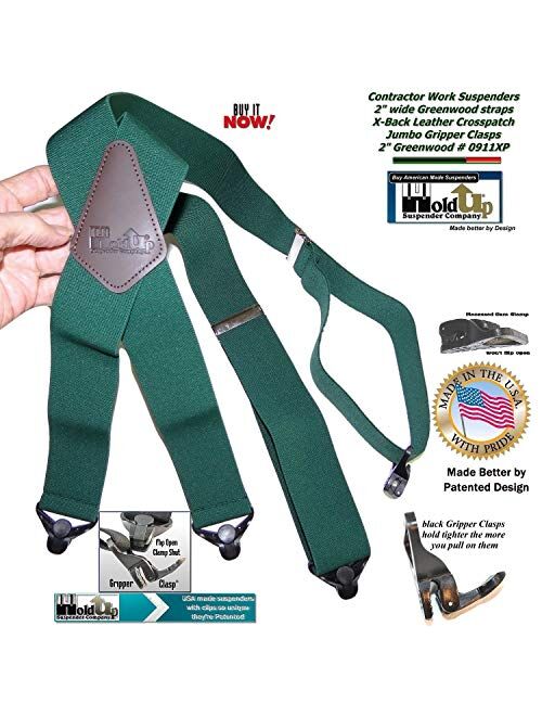 Holdup Brand Heavy Duty Greenwood Green Work Suspenders with patented Gripper Clasps