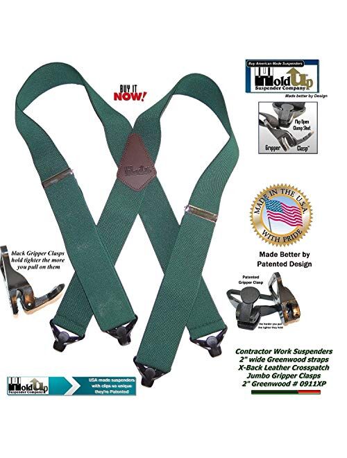 Holdup Brand Heavy Duty Greenwood Green Work Suspenders with patented Gripper Clasps