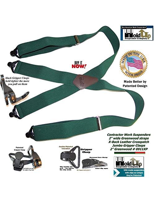 Holdup Brand Heavy Duty Greenwood Green Work Suspenders with patented Gripper Clasps