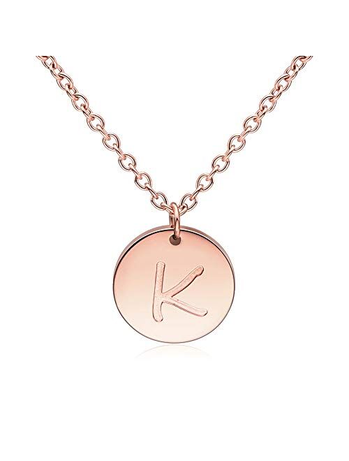 THREE KEYS JEWELRY Tiny Rose Gold Initial Necklace for Women Name Letter Charm Coin Round Small Cute Circle Script Pendant Mini Dainty Stainless Steel Initial Necklaces f