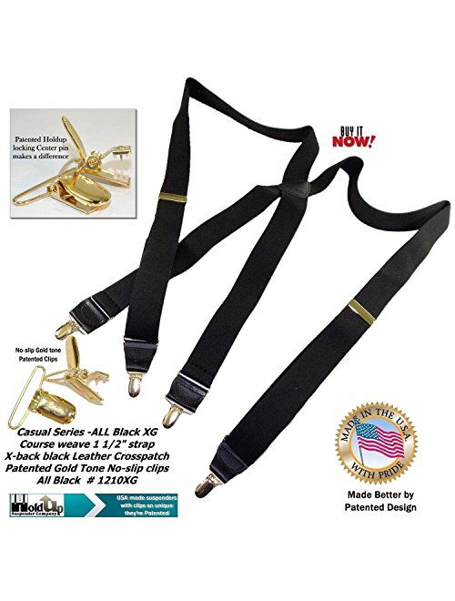 Hold-Ups 1 1/2" All Black Casual Series Suspenders in X-back Gold No-slip Clips