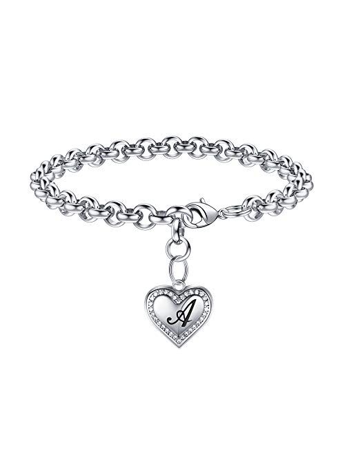 Heart Initial Bracelets for Women Girls- Stainless Steel Charm Bracelets for Women Heart Bracelets Engraved 26 Letters Initial Charm Bracelets Jewelry Gifts for Christmas