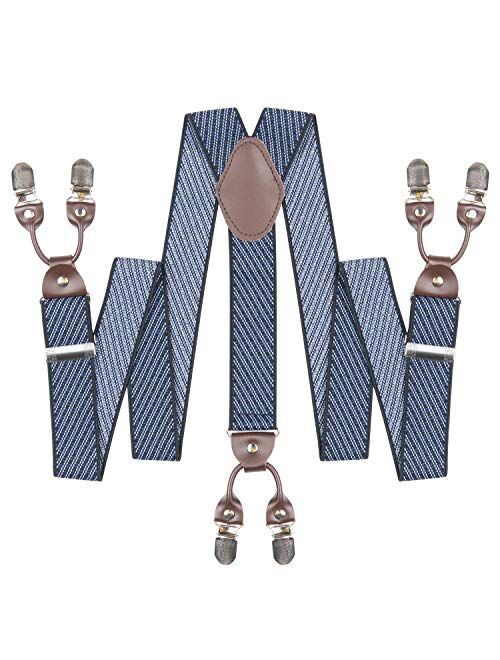 Mens Suspenders Suit Brace Y-back Leather Heavy Duty Suspender with 6 Metal Clip