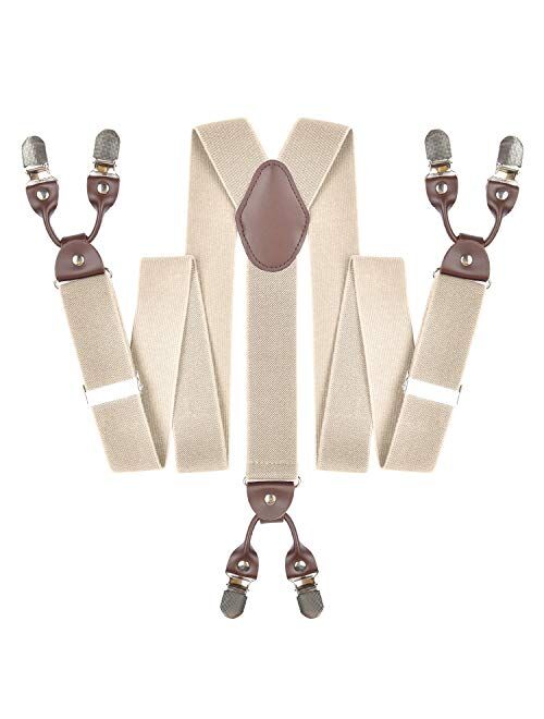 Mens Suspenders Suit Brace Y-back Leather Heavy Duty Suspender with 6 Metal Clip