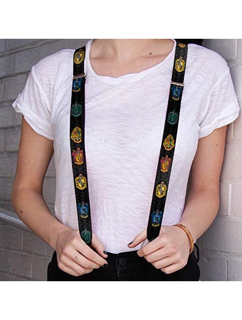 Buckle-Down Suspenders-Hogwarts & 4-House Crests/Filigree Black/Gray