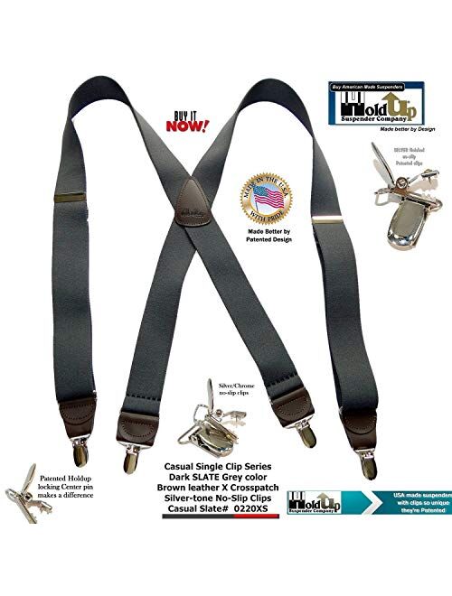 USA Made Slate Gray HoldUp brand X-back Suspenders with No-slip Silver-tone Clips