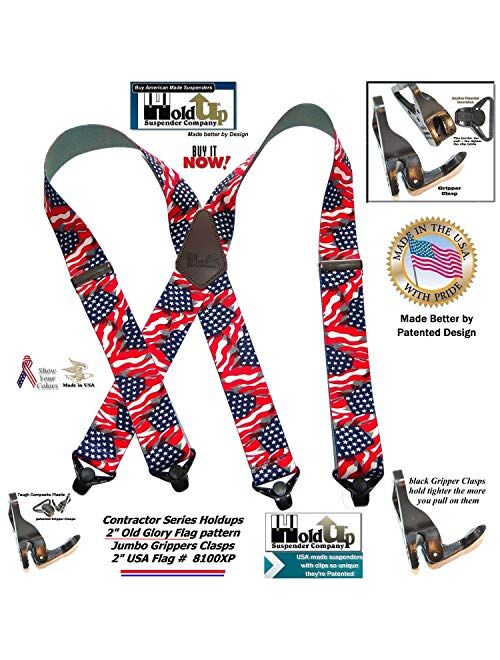 Holdup Suspender Company's Heavy Duty USA Flag 2" Wide Suspenders with Patented Gripper Clasps