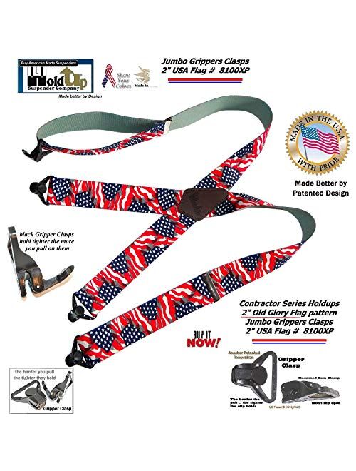 Holdup Suspender Company's Heavy Duty USA Flag 2" Wide Suspenders with Patented Gripper Clasps