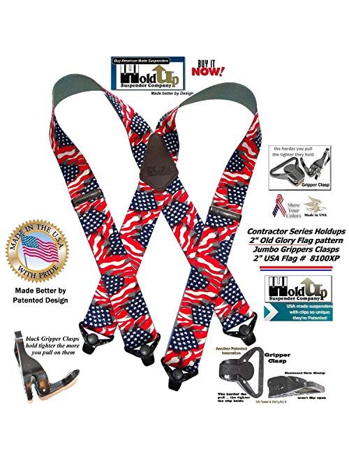 Holdup Suspender Company's Heavy Duty USA Flag 2" Wide Suspenders with Patented Gripper Clasps