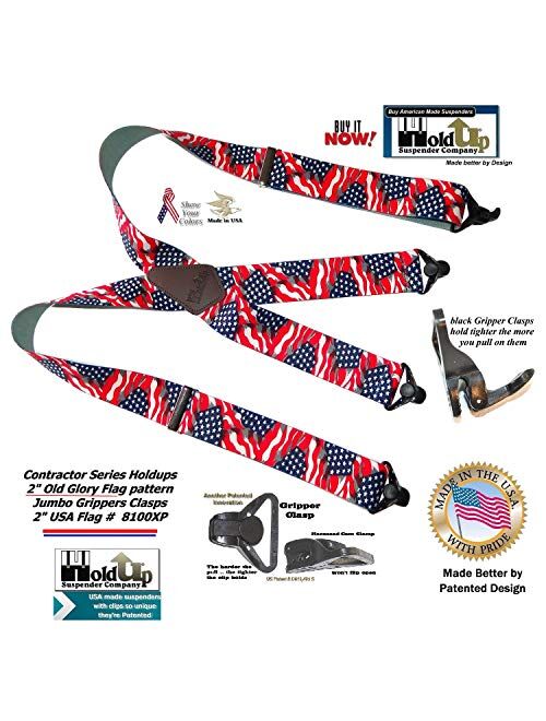 Holdup Suspender Company's Heavy Duty USA Flag 2" Wide Suspenders with Patented Gripper Clasps