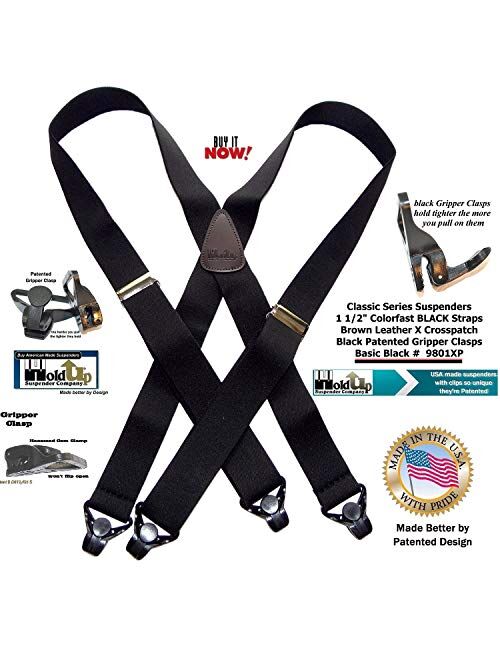 HoldUp Brand Classic Series Basic Black Suspenders with Black Gripper Clasp