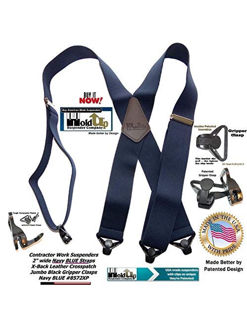 Holdup Brand Heavy Duty Navy Blue 2" Wide Work Suspenders with patented Jumbo Gripper Clasps