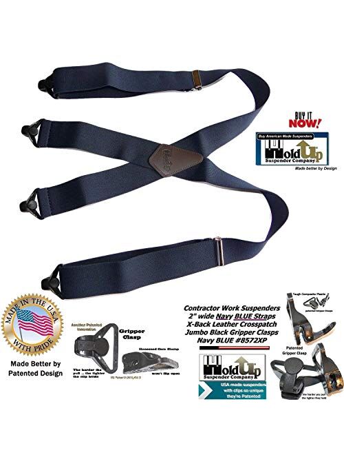 Holdup Brand Heavy Duty Navy Blue 2" Wide Work Suspenders with patented Jumbo Gripper Clasps