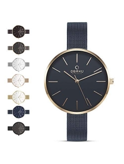 Obaku Womens Classic and Modern Dress Watch with Stainless Steel Mesh Band in Black, Blue, Silver, Gold and Rose Gold or Leather Band in Blue and Pink | Scratch & Water R