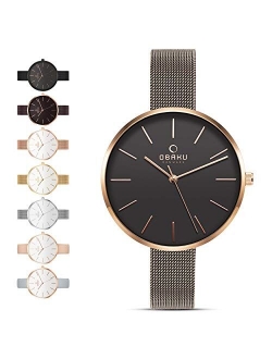 Obaku Womens Classic and Modern Dress Watch with Stainless Steel Mesh Band in Black, Blue, Silver, Gold and Rose Gold or Leather Band in Blue and Pink | Scratch & Water R