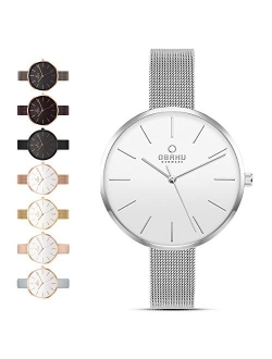 Obaku Womens Classic and Modern Dress Watch with Stainless Steel Mesh Band in Black, Blue, Silver, Gold and Rose Gold or Leather Band in Blue and Pink | Scratch & Water R