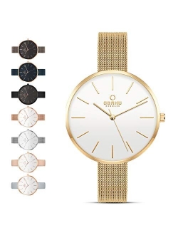 Obaku Womens Classic and Modern Dress Watch with Stainless Steel Mesh Band in Black, Blue, Silver, Gold and Rose Gold or Leather Band in Blue and Pink | Scratch & Water R