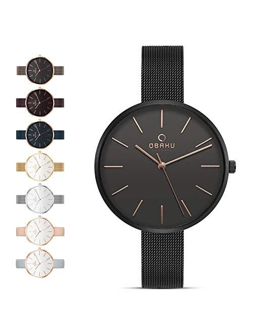 Obaku Womens Classic and Modern Dress Watch with Stainless Steel Mesh Band in Black, Blue, Silver, Gold and Rose Gold or Leather Band in Blue and Pink | Scratch & Water R