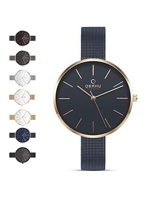 Obaku Womens Classic and Modern Dress Watch with Stainless Steel Mesh Band in Black, Blue, Silver, Gold and Rose Gold or Leather Band in Blue and Pink | Scratch & Water R