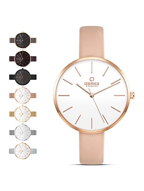 Obaku Womens Classic and Modern Dress Watch with Stainless Steel Mesh Band in Black, Blue, Silver, Gold and Rose Gold or Leather Band in Blue and Pink | Scratch & Water R