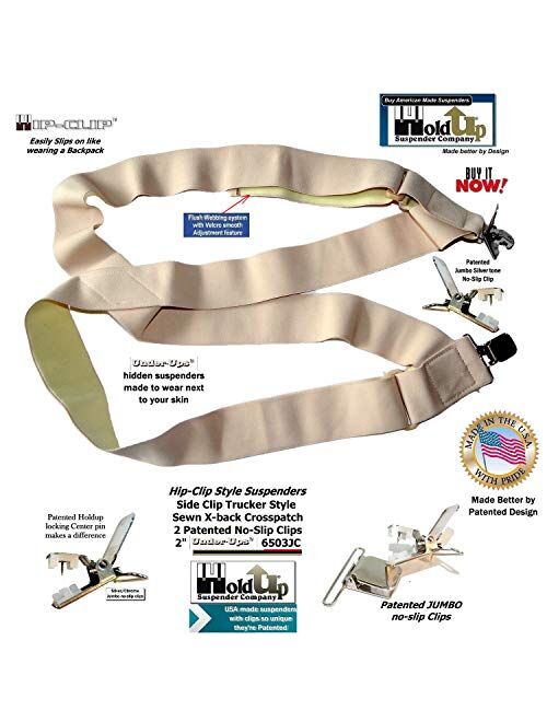 Holdup Hip-clip style 2 inch wide Undergarment side clip suspenders with patented No-slip Clips