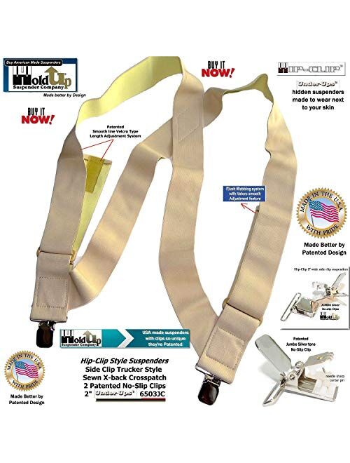 Holdup Hip-clip style 2 inch wide Undergarment side clip suspenders with patented No-slip Clips