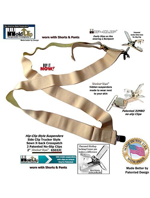 Holdup Hip-clip style 2 inch wide Undergarment side clip suspenders with patented No-slip Clips