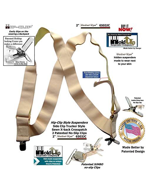 Holdup Hip-clip style 2 inch wide Undergarment side clip suspenders with patented No-slip Clips