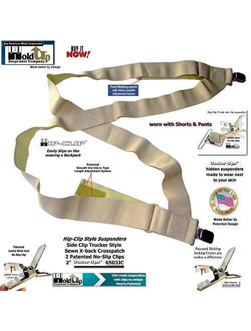 Holdup Hip-clip style 2 inch wide Undergarment side clip suspenders with patented No-slip Clips