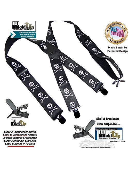 Holdup Brand Skull & Crossbones pattern X-back Biker Suspenders with Jumbo No-slip Clips