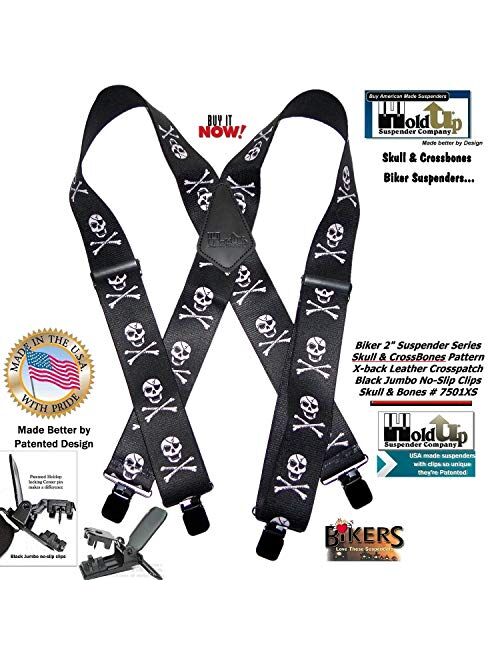 Holdup Brand Skull & Crossbones pattern X-back Biker Suspenders with Jumbo No-slip Clips