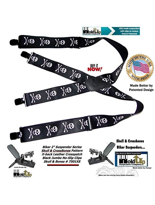 Holdup Brand Skull & Crossbones pattern X-back Biker Suspenders with Jumbo No-slip Clips