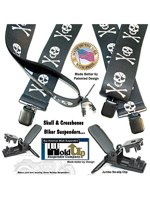 Holdup Brand Skull & Crossbones pattern X-back Biker Suspenders with Jumbo No-slip Clips