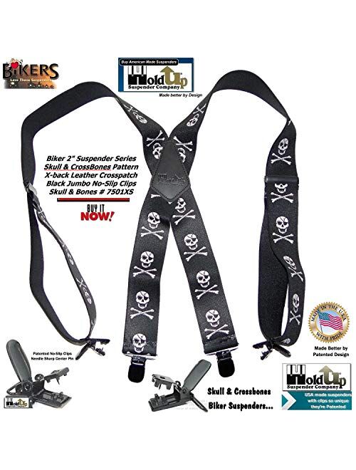 Holdup Brand Skull & Crossbones pattern X-back Biker Suspenders with Jumbo No-slip Clips