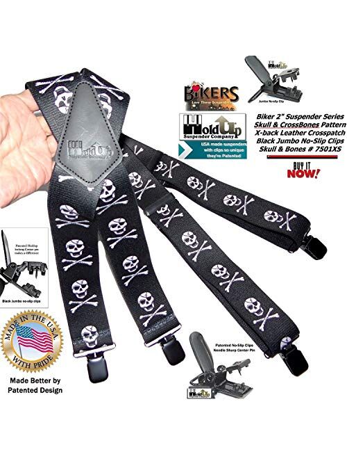 Holdup Brand Skull & Crossbones pattern X-back Biker Suspenders with Jumbo No-slip Clips