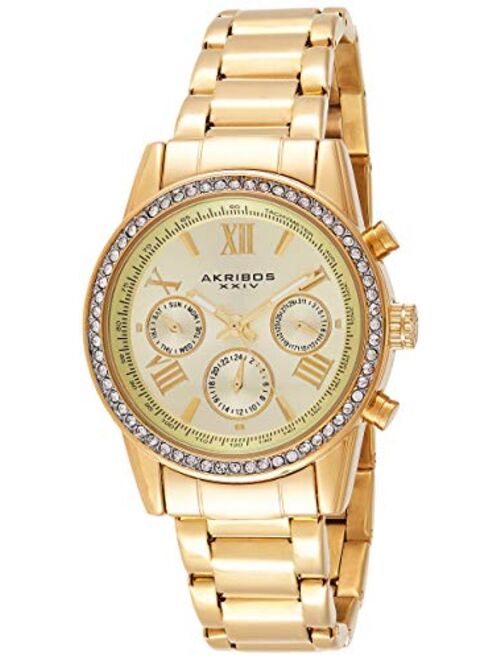 Akribos XXIV Women's Crystal Accent Watch - Multifunction 3 Subdials Day, Date and GMT On Stainless Steel Braclet - AK872