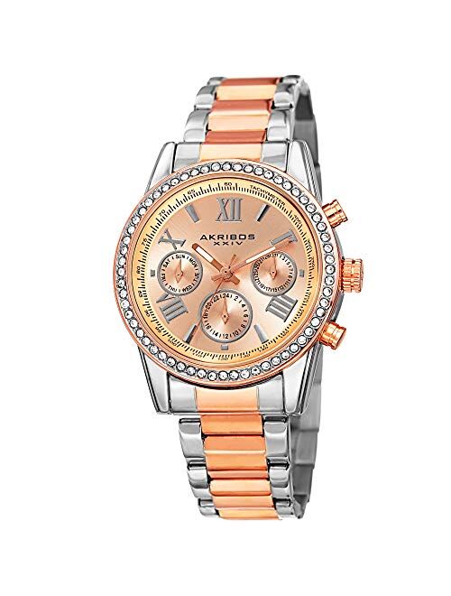 Akribos XXIV Women's Crystal Accent Watch - Multifunction 3 Subdials Day, Date and GMT On Stainless Steel Braclet - AK872